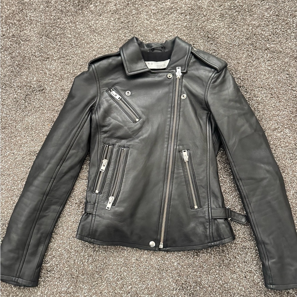IRO Black Leather Motorcycle Jacket with Asymmetrical Zipper, Size 34 (0)